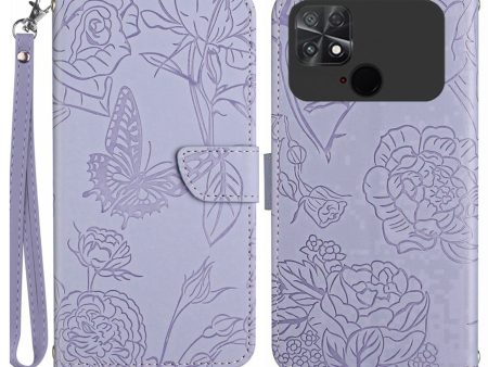 For Xiaomi Poco C40 4G Butterfly Flowers Imprinting Phone Case Anti-shock Skin Touch PU Leather Stand Wallet Shell with Strap Online Hot Sale