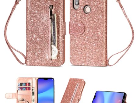 Flash Powder Zippered Stand Leather Wallet Case with Strap for Huawei P20 Lite   Nova 3e (China) on Sale